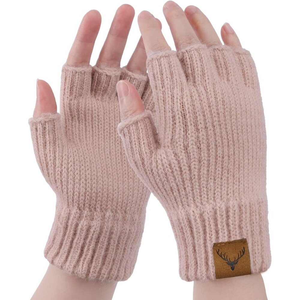 Women's Pure-Pink Half Fingers Fingerless Cozy Lining Knitted Mittens Gloves